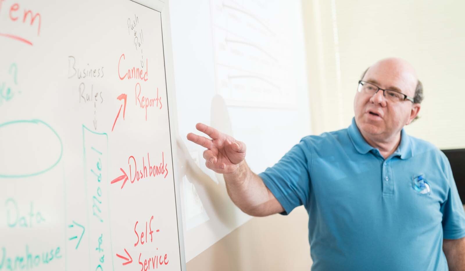 Up close view of man in front of whiteboard pointing at it