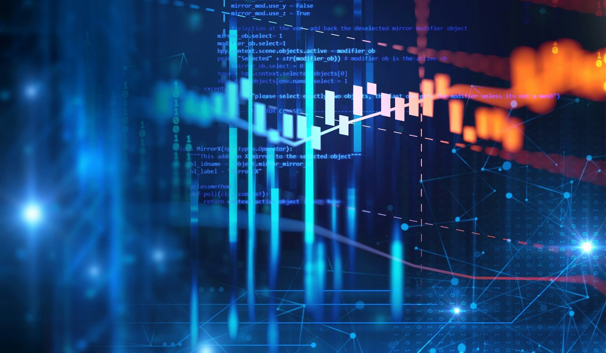 an abstract image, showcasing graphs surrounded by code