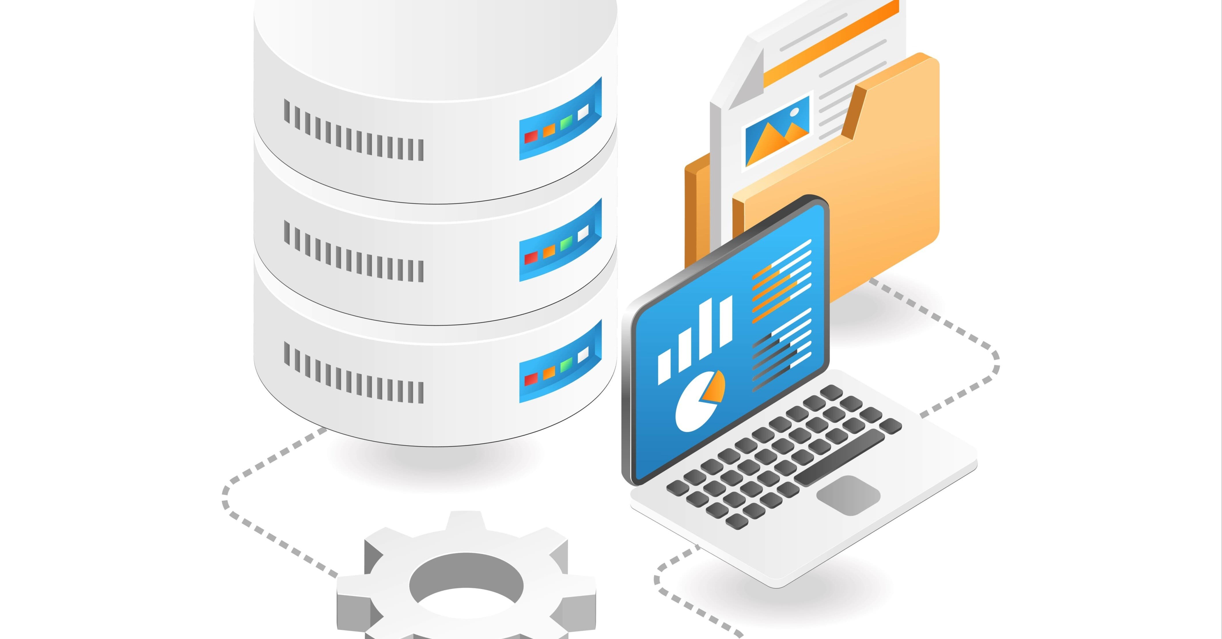 illustration of a data warehouse connecting to files and a computer